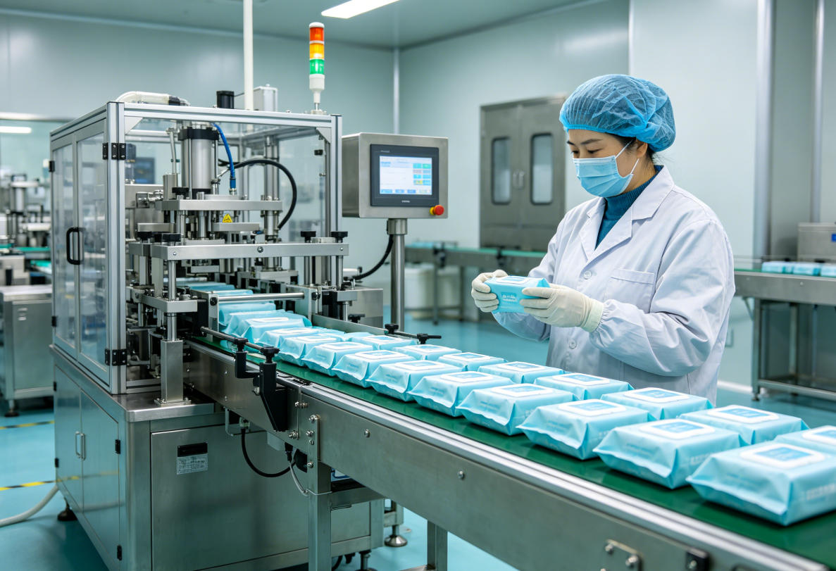 卫生湿巾生产工艺与质检流程 西安消字号湿巾代工厂标准化生产与成品抽检流程实拍