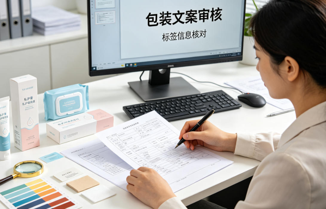 包装文案合规审核 工作人员审核私护产品外包装文案,排查极限词与违规宣传用语,合规校对工作场景