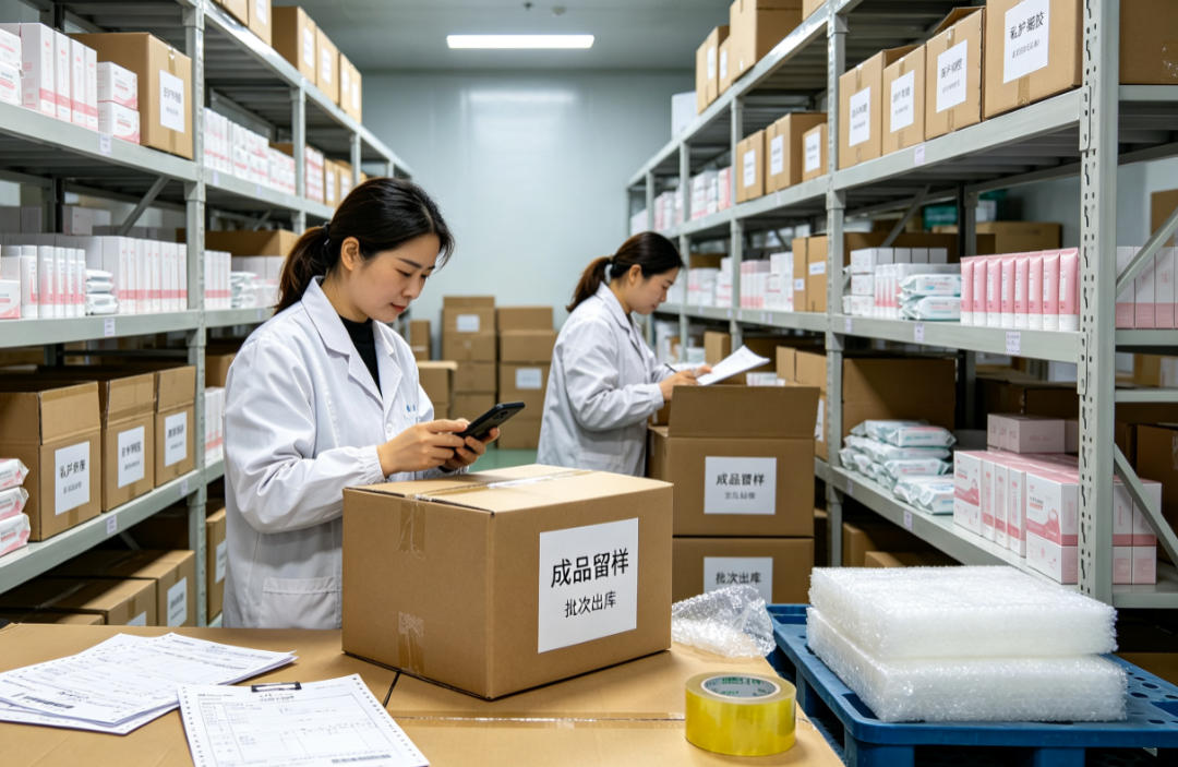 成品仓储打包出库 私护贴牌成品恒温仓库存放,订单分拣、纸箱加固打包、物流出库发货实景