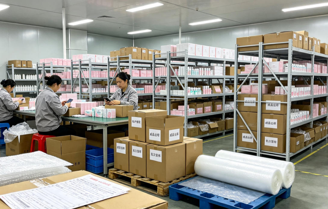 成品仓储打包出库 私护贴牌成品恒温仓库存放,订单分拣、纸箱加固打包、物流出库发货实景