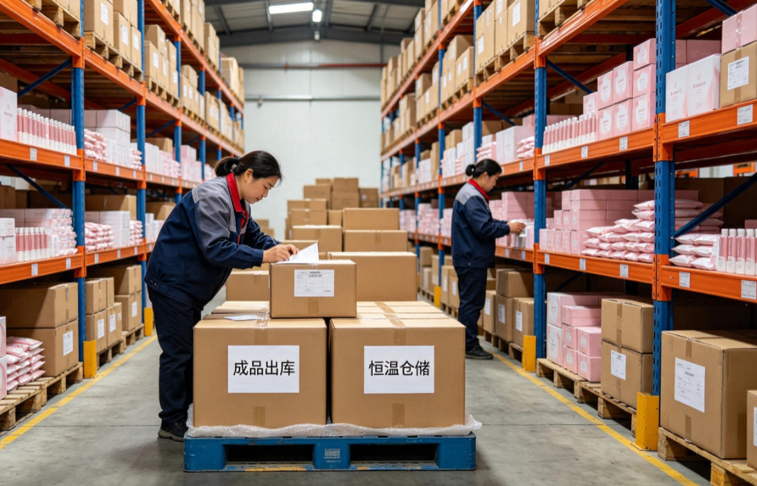 成品恒温仓储打包发货 私护消字号成品恒温仓储存放,分拣打包、加固防护、整箱出库物流发货场景