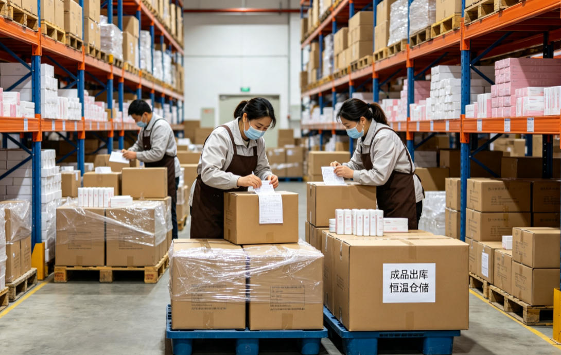 私护成品恒温仓储分拣打包出库 消字号私护成品恒温仓储库房,工人分拣货品、打包加固、整箱出库发货实拍