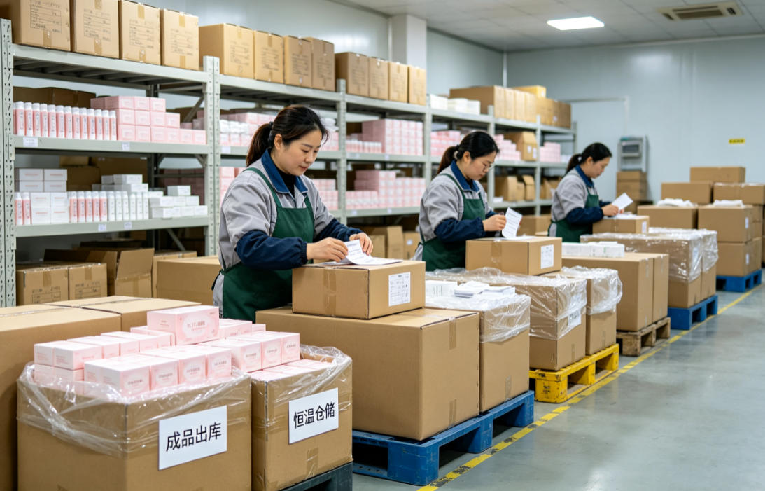 私护成品仓储打包出库发货 消字号私护成品恒温仓储库房,工作人员分拣货品、加固打包、整箱核验出库物流发货场景