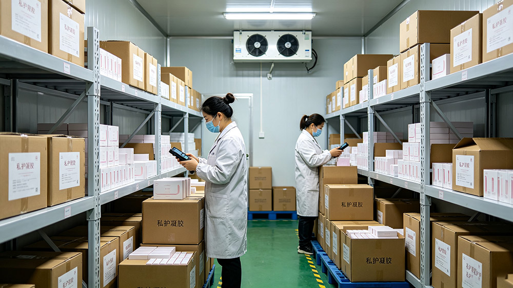 私护成品恒温仓储与分拣发货场景实拍，西安消字号凝胶OEM代工厂成品仓库，产品堆放分拣准备对外发货实景