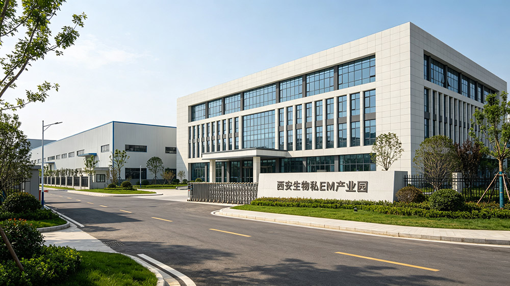 西安生物医药产业园区工厂实景，陕西消字号私护凝胶OEM代工厂厂区外景实拍，展现源头代工企业产业基地规模