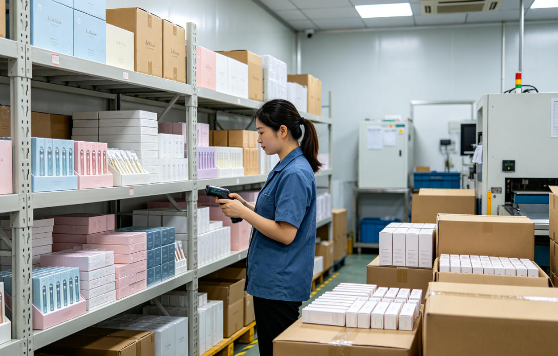 私护凝胶成品仓储分拣发货 西安OEM厂家私护凝胶成品仓库,成品分类堆放,工人分拣打包准备对外发货实景